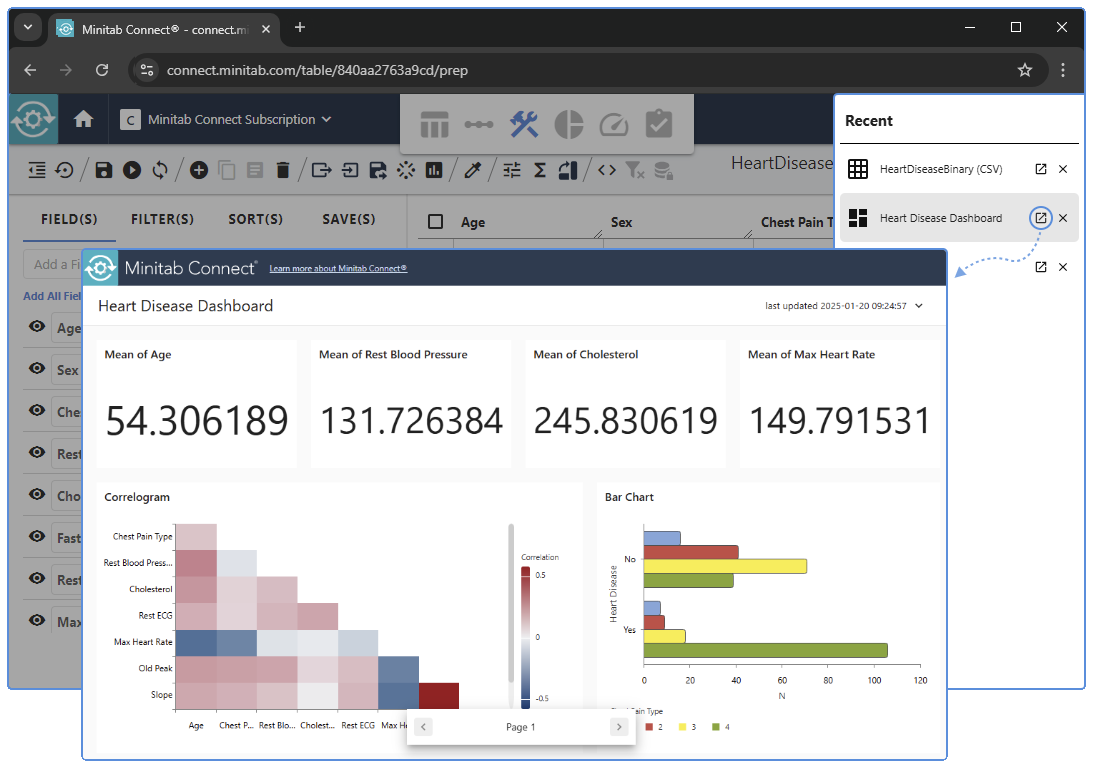 Panneau des tâches Récentes de Minitab Connect